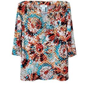 💥295 Peck & Peck V Neck 3/4 Sleeve Retro Burst Embellished Top